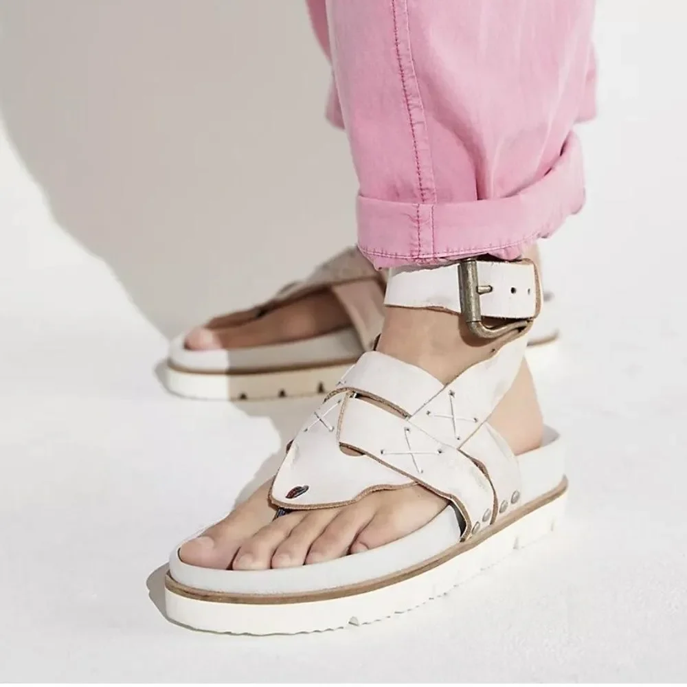 Free People Platform Sandals 9 Thong Strappy Chunky Boho Festival White Valencia